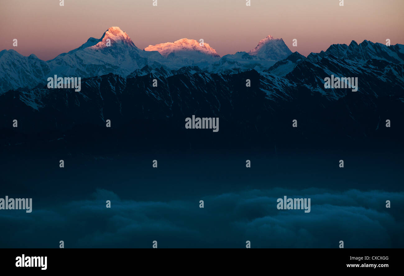 Stunning view of beautiful snow-capped mountains in the Himalayas at dawn, Nepal Stock Photo