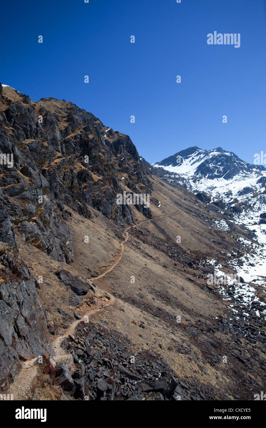 Person walking on the trail to Gosaikunda, a popular destination for trekkers, Nepal Stock Photo