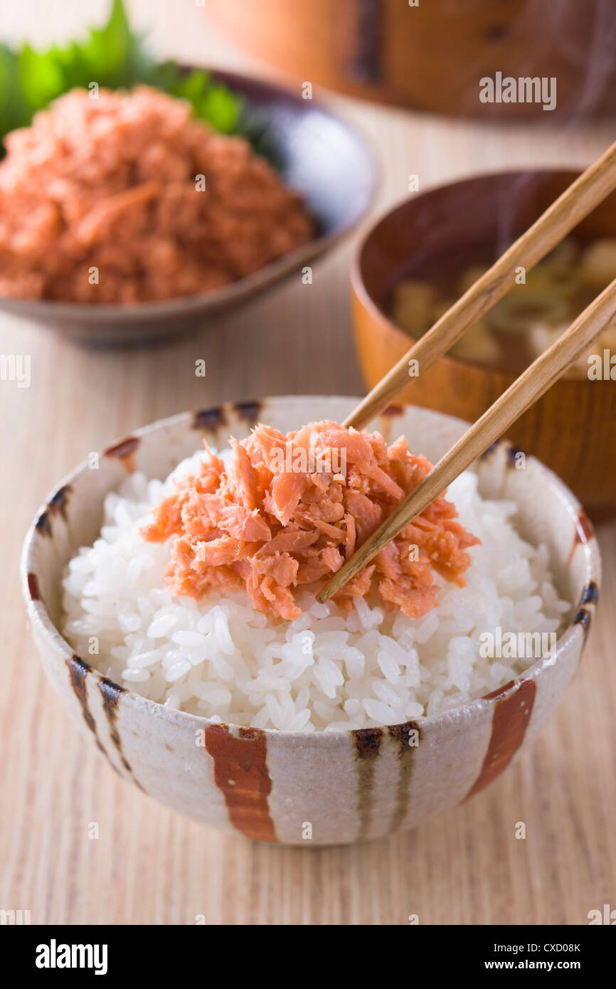 Salmon Flake on Steamed Rice Stock Photo Alamy