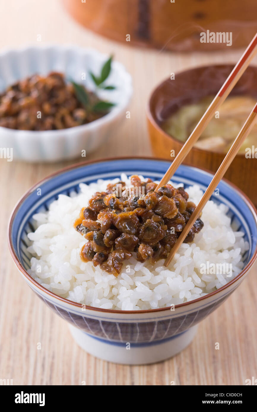 Asari-no-tsukudani on Steamed Rice Stock Photo