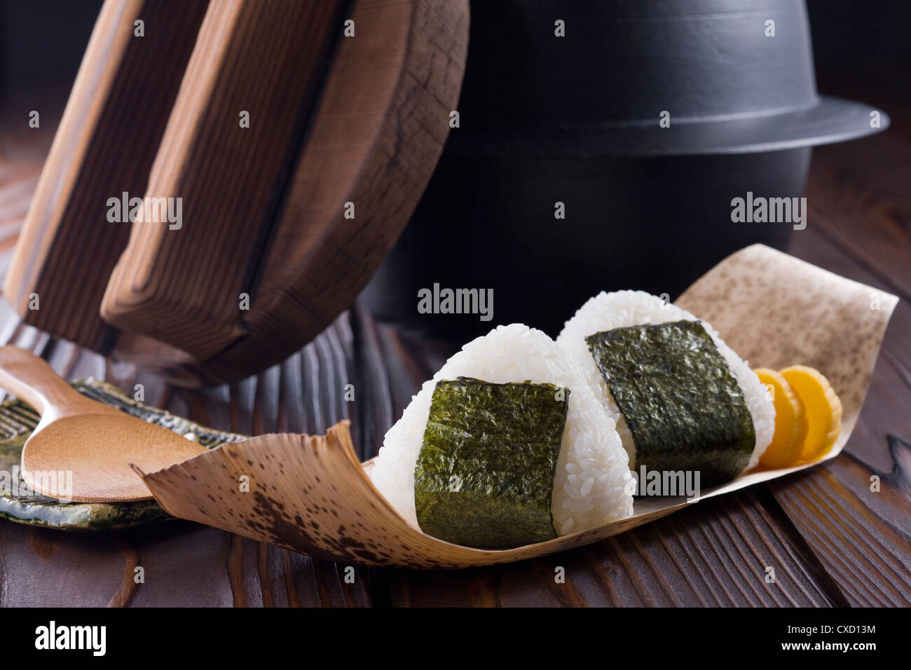 Rice Ball and Iron Pot Stock Photo