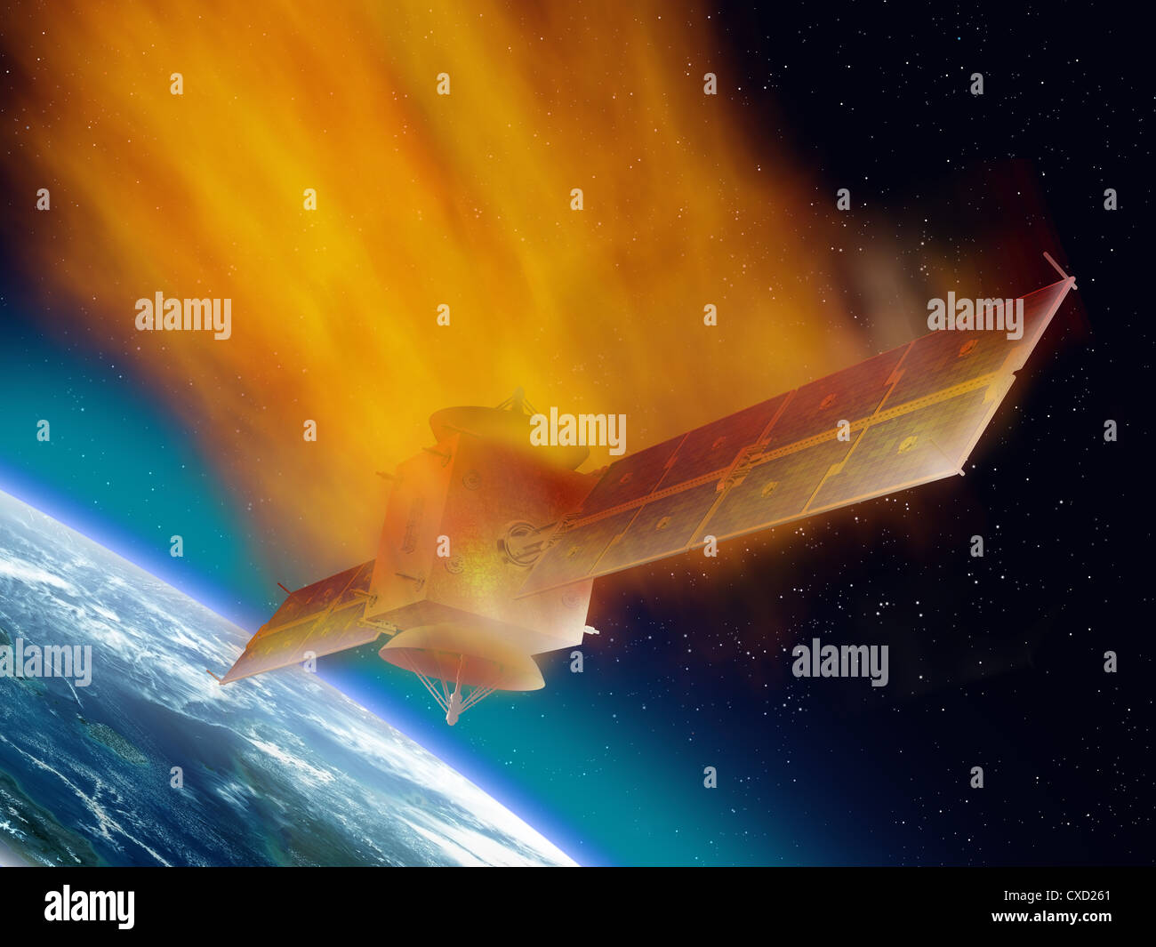 Satellite hurtling through space burning up as it enters the atmosphere Stock Photo