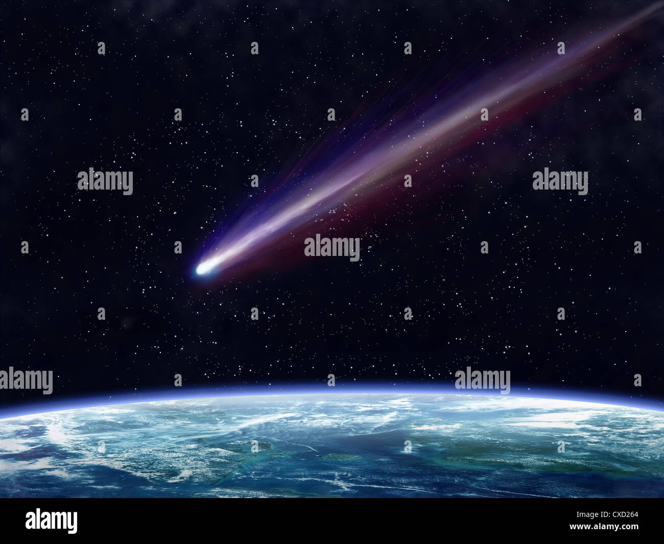 Illustration of a comet flying through space close to the earth Stock Photo