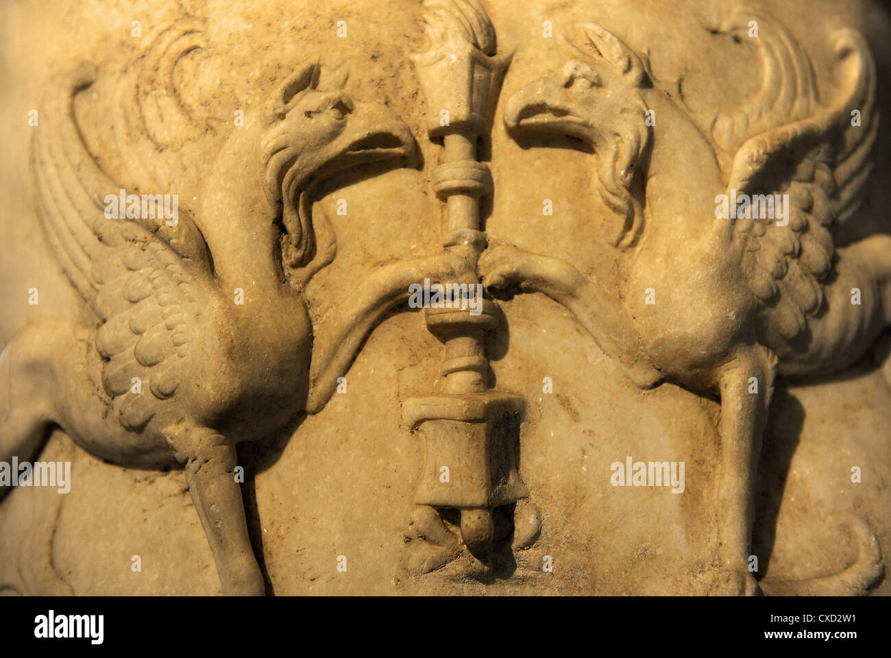 Trajan (53-177 A.D.). Roman Emperor (80 to 117 A.D). Sculpture. Detail body armour depicting two winged griffins face to face. Stock Photo