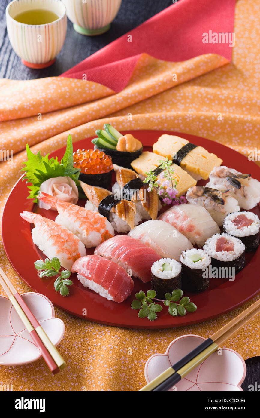 Assorted Sushi on Plate Stock Photo