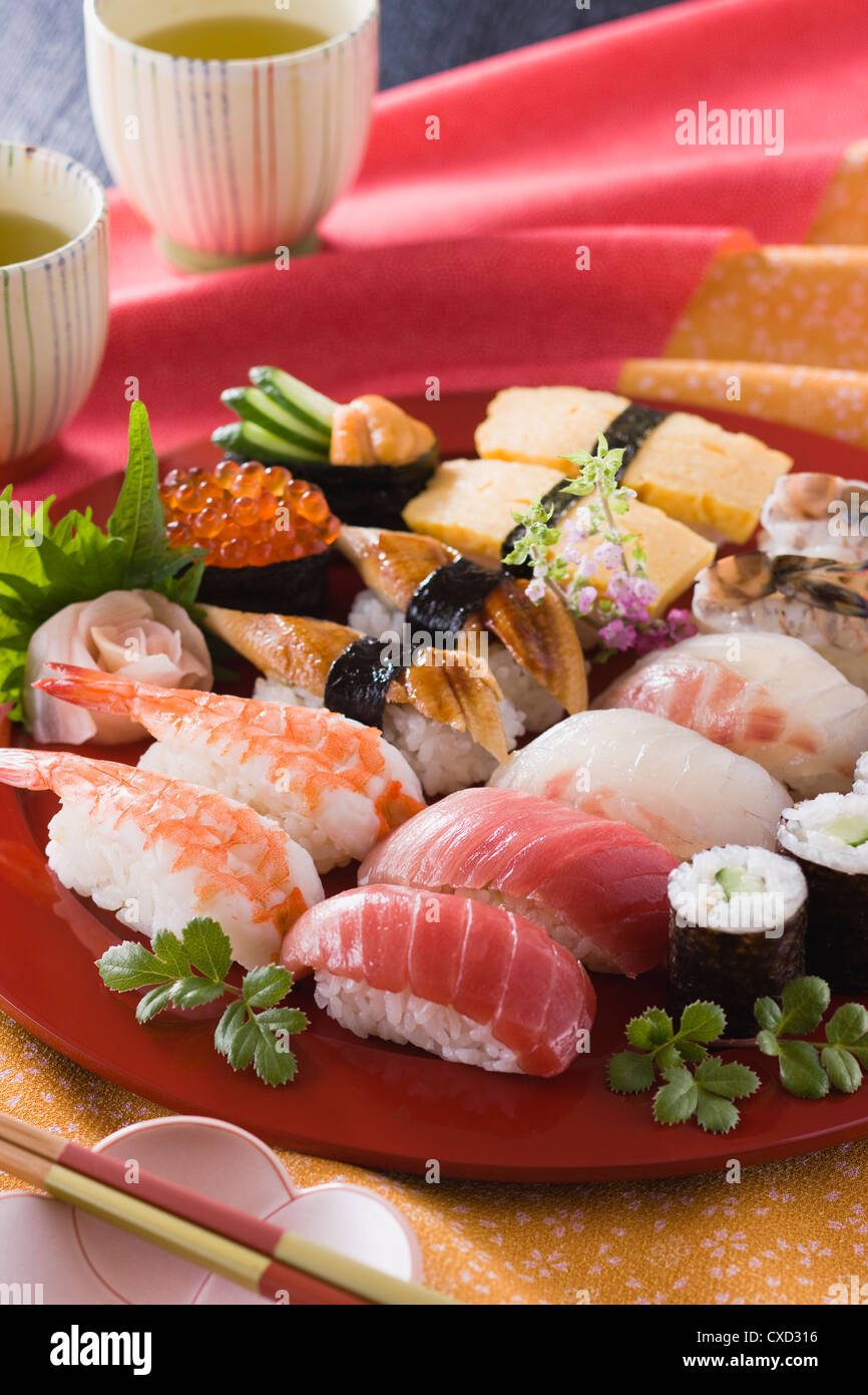 Assorted Sushi on Plate Stock Photo