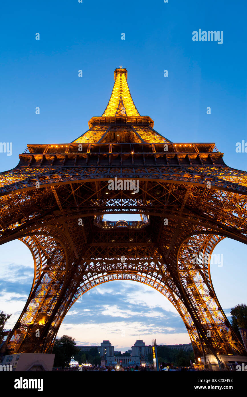 View upwards from underneath the Eiffel Tower, Paris, France, Europe Stock Photo