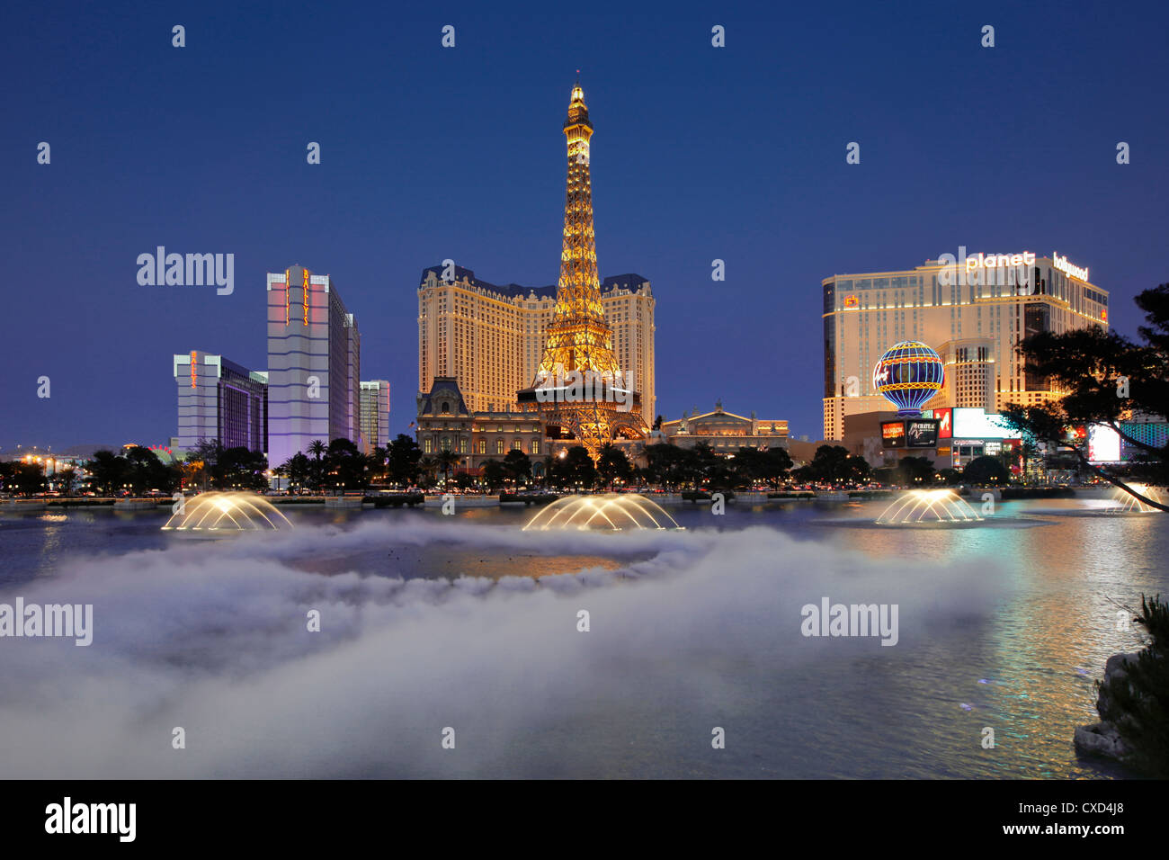 Bellagio fountains perform in front of the Eiffel Tower replica, Las Vegas, Nevada, United States of America, North America Stock Photo