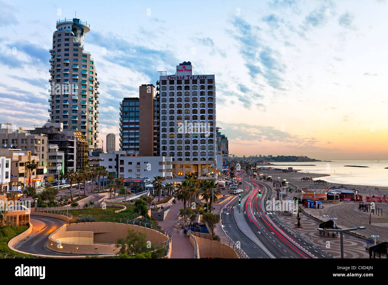 Elevated dusk view of the city beachfront, Tel Aviv, Israel, Middle East Stock Photo