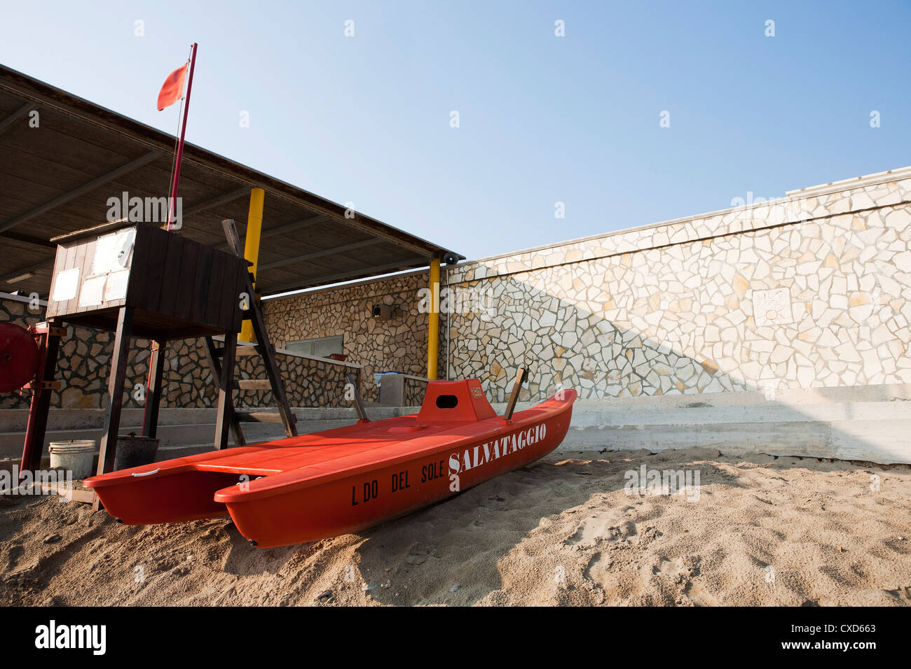 Apani, Italy, 07/09/12, Life raft lifeboat orange beach, Italy Stock Photo