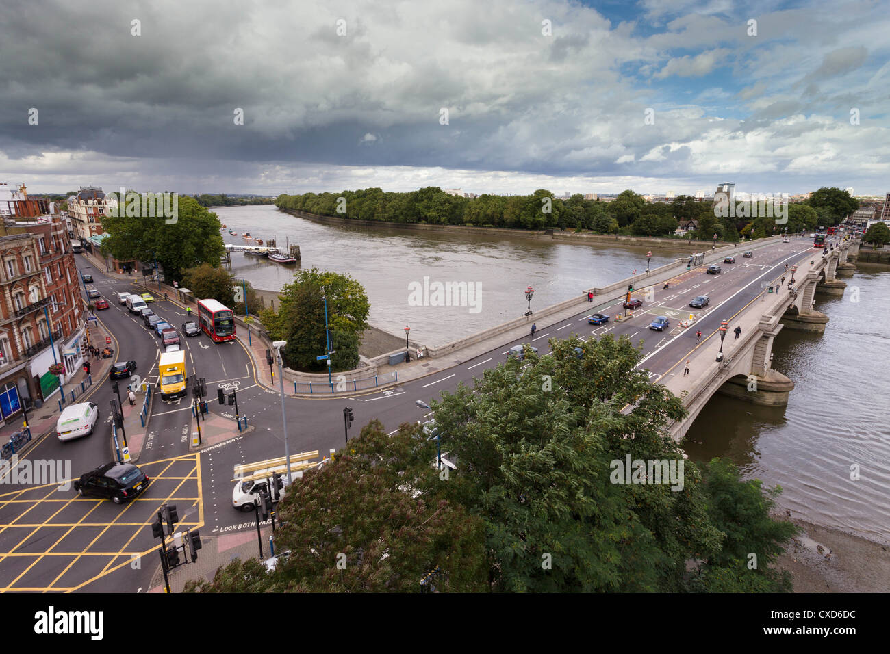 View of Putney Bridge, Putney Embankment and the river Thames, London, from the tower of St. Mary's church, Putney Stock Photo