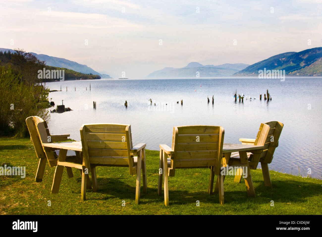 Watching for Nessie on Loch Ness at The Dores Inn, near to the famous Nessie Hunter, Steve Feltham. Stock Photo