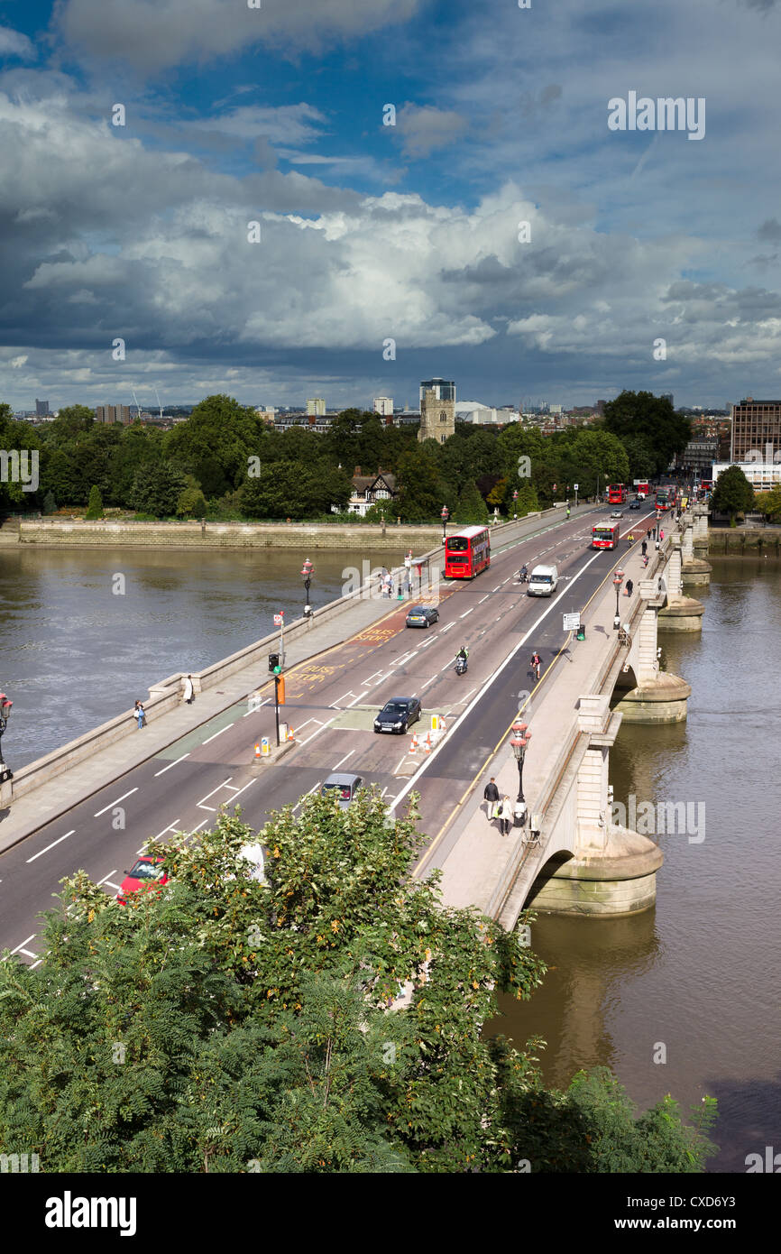 View of Putney Bridge, London, from the tower of St. Mary's church from the south side of the river Thames. Stock Photo