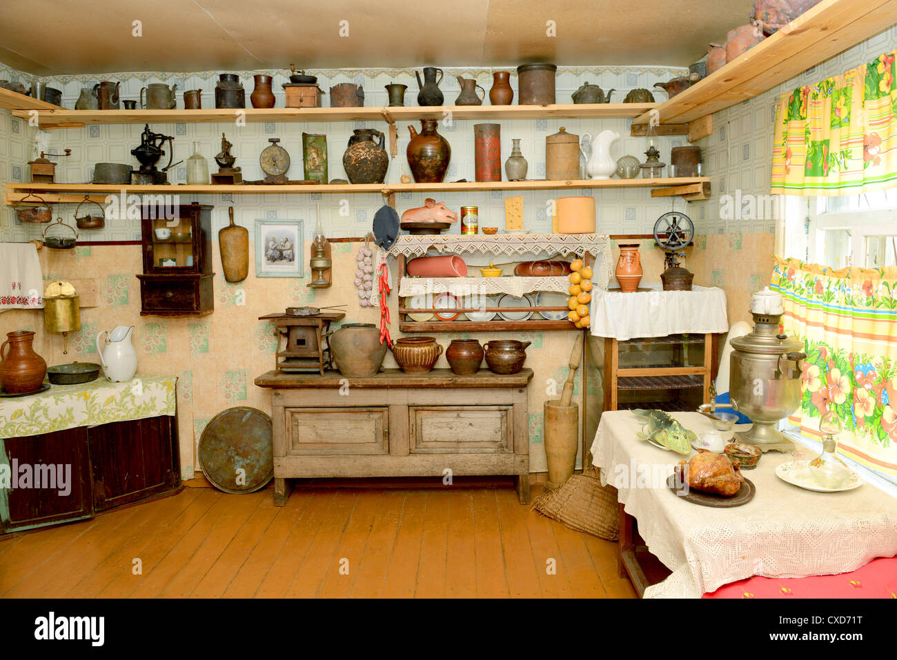 Interior of traditional Russian house of 19th century in Myshkin village, Russia. Stock Photo