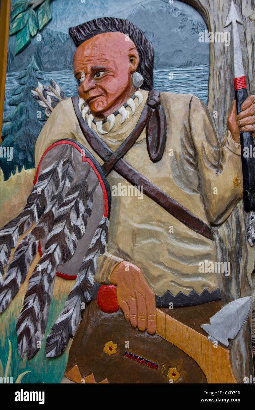 A wood carving depicts a warrior of the WendatHuron Nation, Quebec