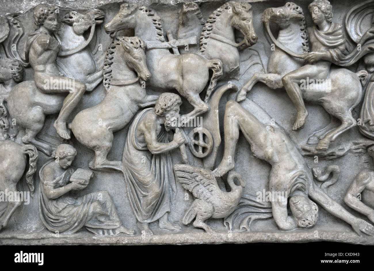 Roman Art. Sarcophagus Chest with the Phaeton Myth. The fall of Phaeton. Found in Ostia. Carlsberg Glyptotek. Copenhagen. Stock Photo