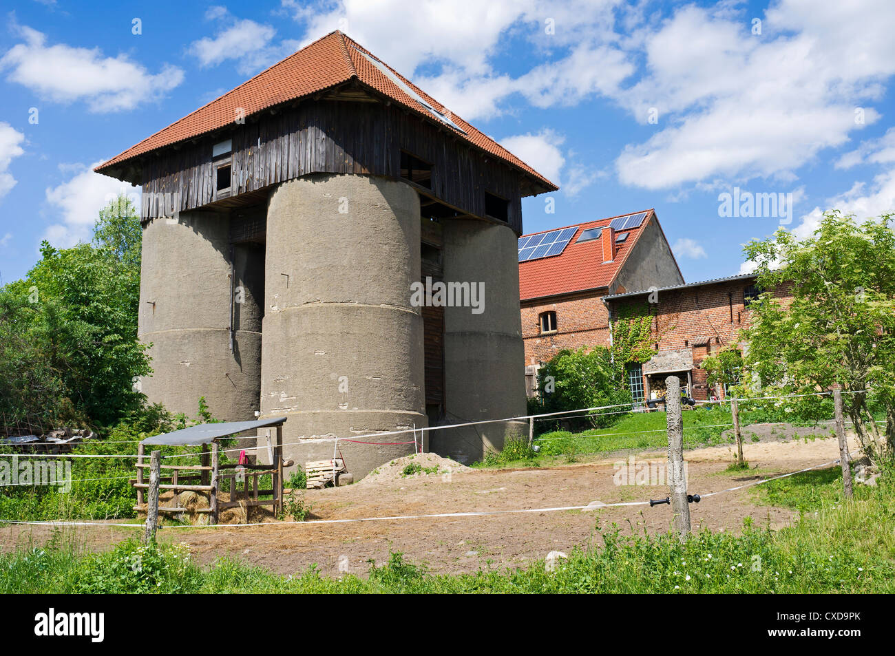 Old silos in Leuenberg, Hoehenland municipality, Brandenburg, Germany, Europe Stock Photo