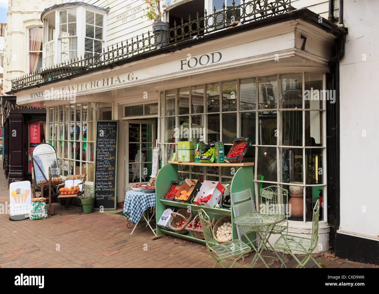 Gastronomia restaurant and delicatessen in The Pantiles Vintry with fruit and vegetables on display outside. Tunbridge Wells Kent England UK Stock Photo