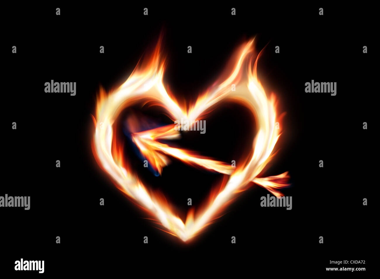 Flaming heart of fire with arrow - symbol of passionate love. Stock Photo