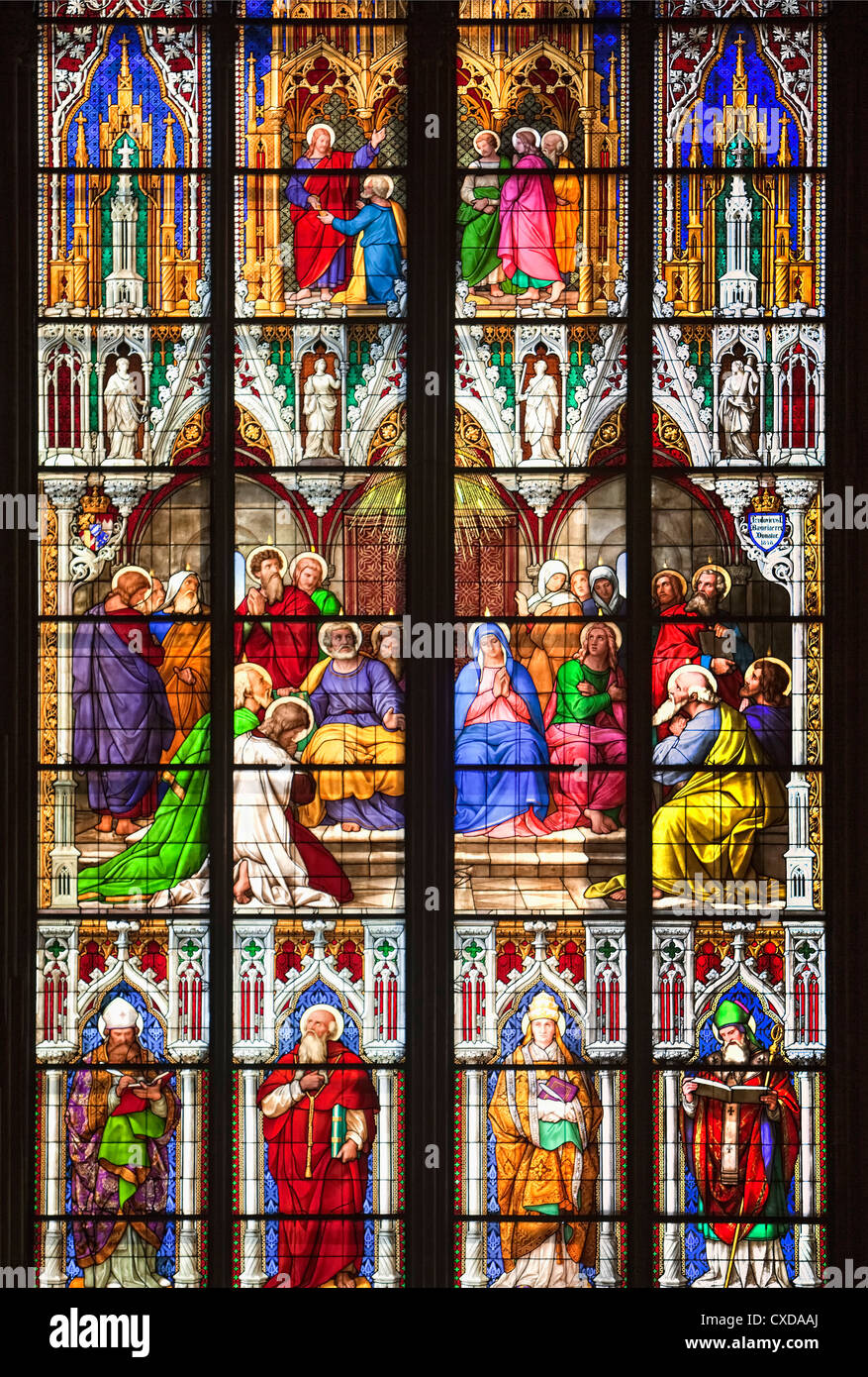 Bavarian window, Holy Spirit, Pentecost window with Mary, Peter and Paul, Ambrose, Gregory, Cologne Cathedral, Germany, Europe Stock Photo