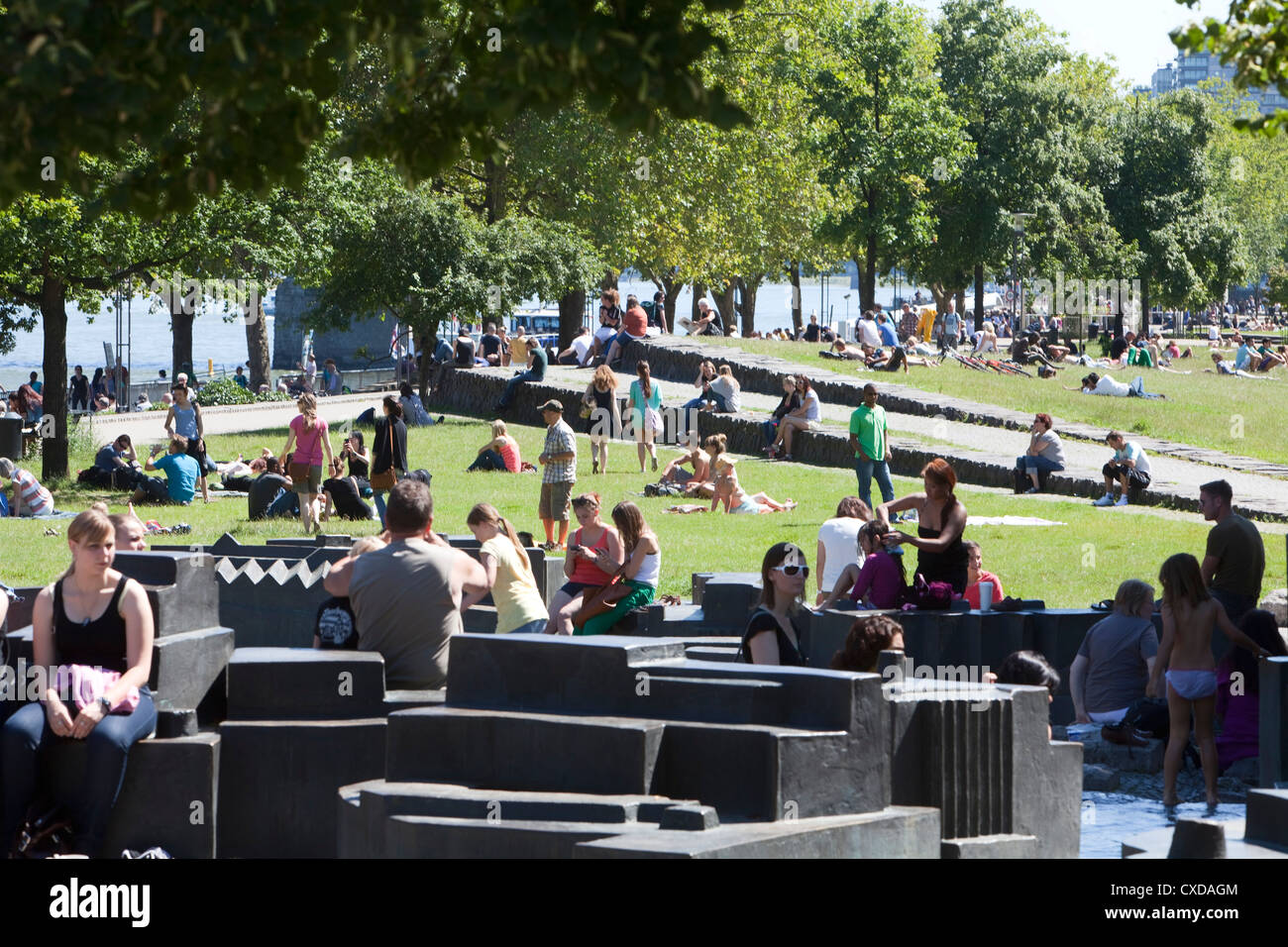 People in Rheingarten park, Cologne, North Rhine-Westphalia, Germany, Europe Stock Photo