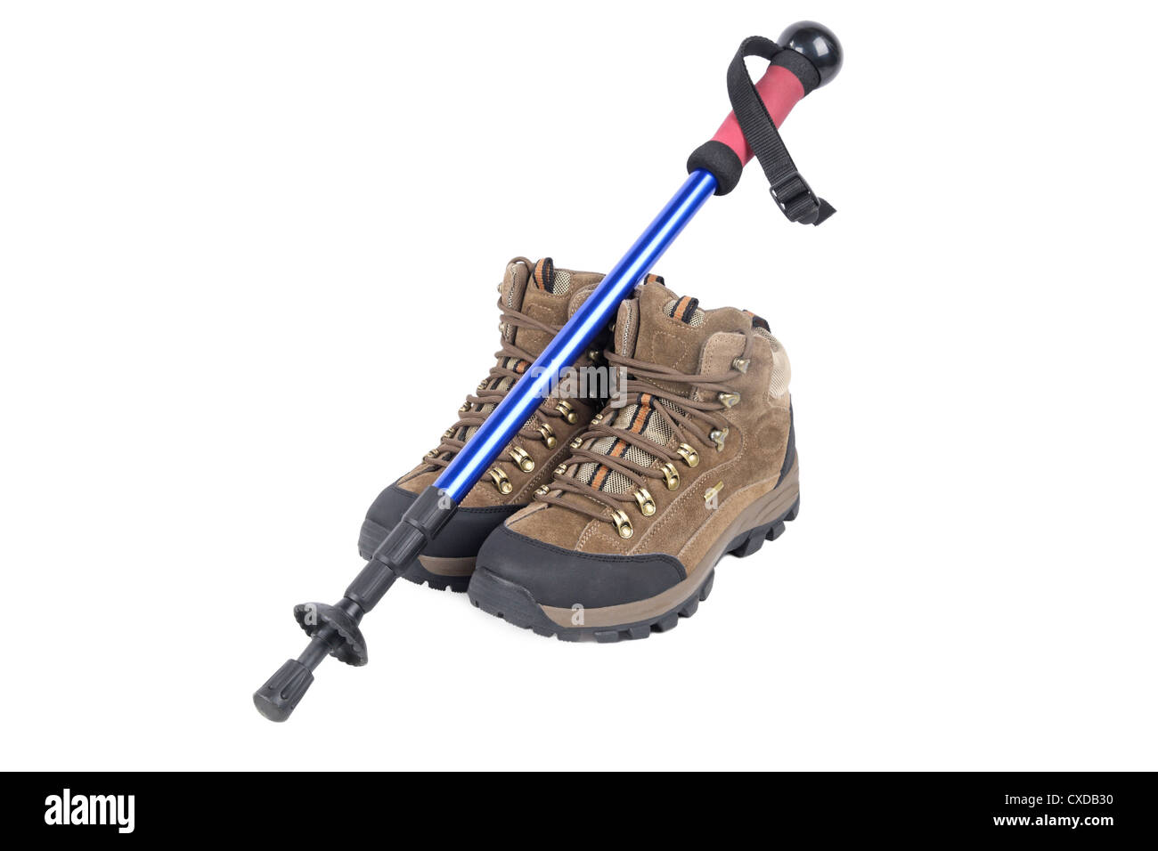 trekking shoes and hiking pole Stock Photo