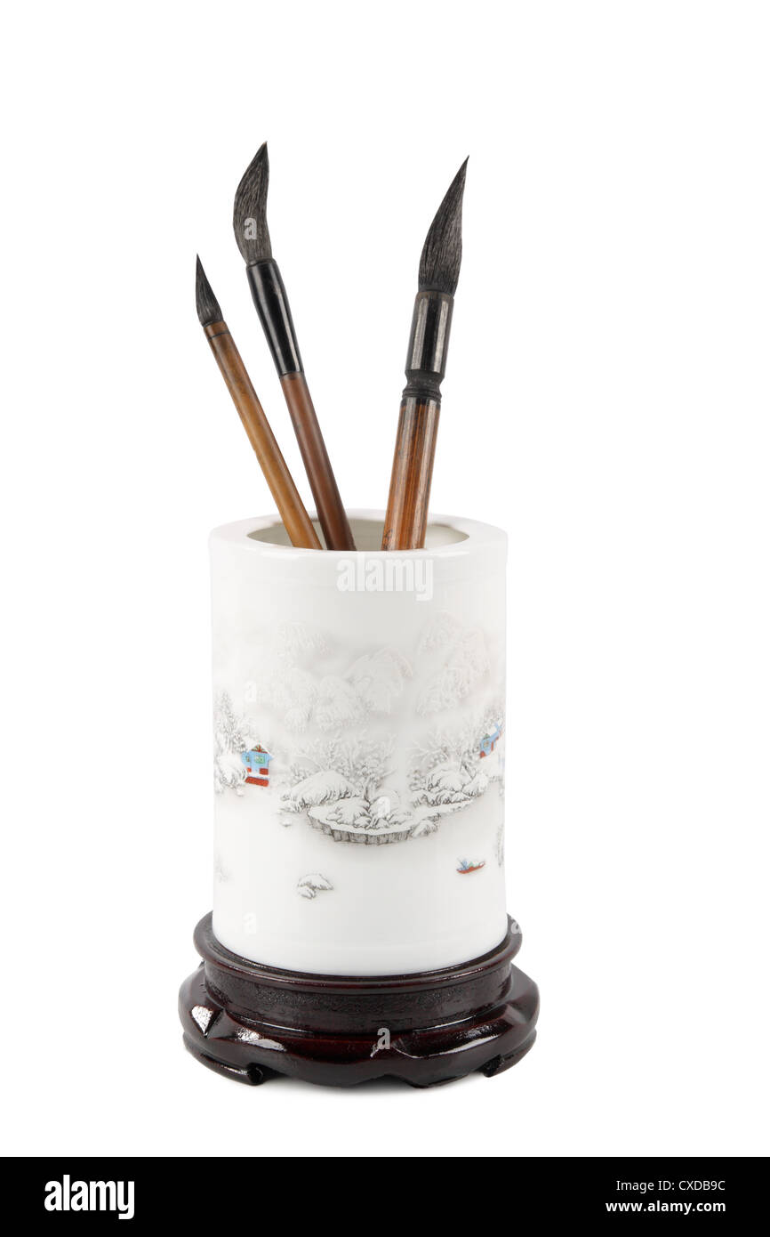 chinese brush pot and writing brush Stock Photo