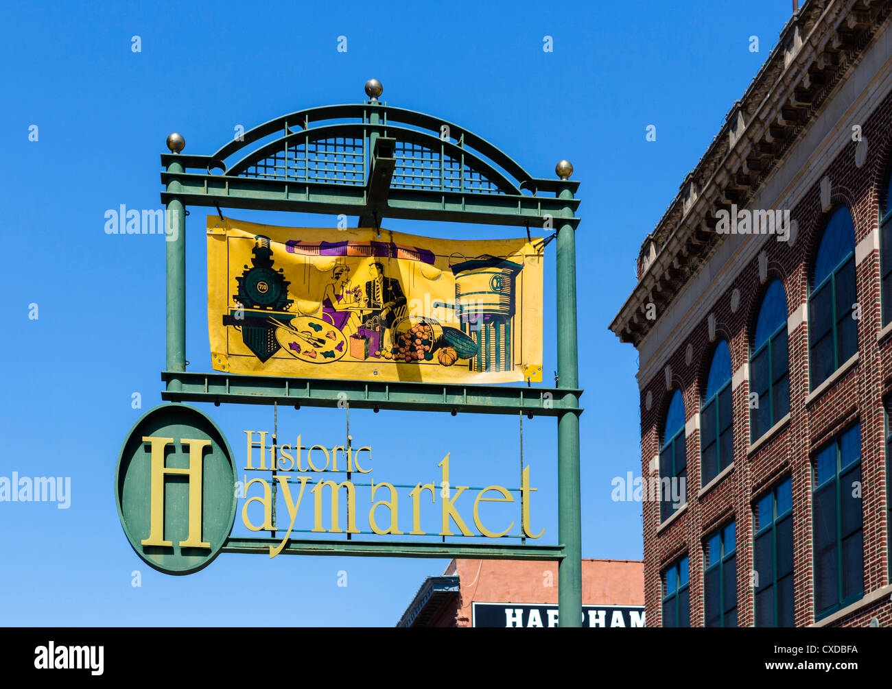 Sign for the historic Haymarket district, Lincoln, Nebraska, USA Stock Photo