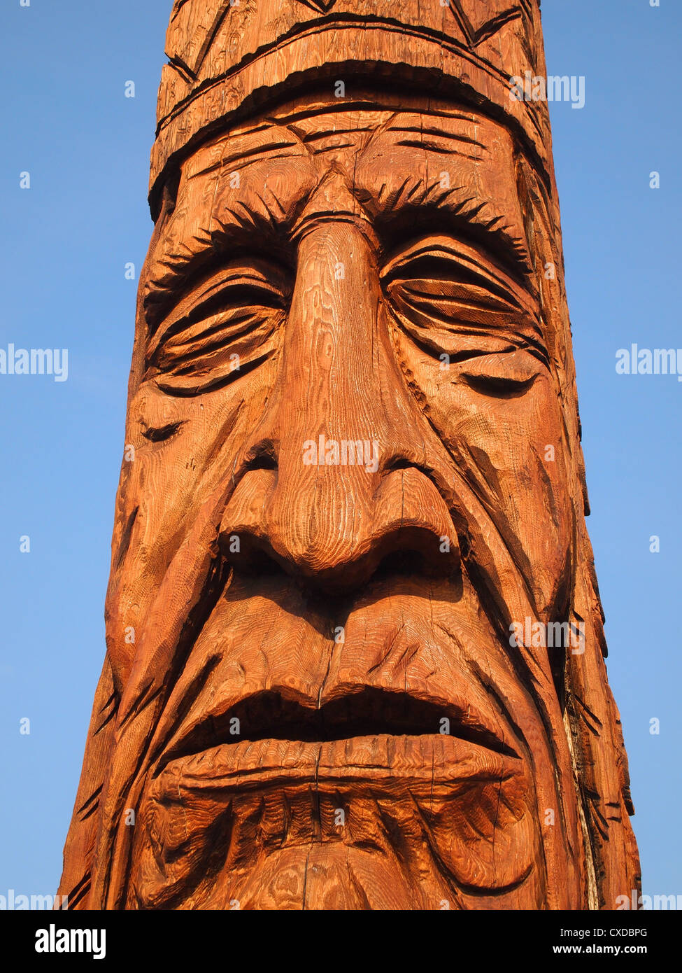 Detail of a totem pole in Bethany Beach, DE on August 14, 2012. The pole was designed by sculptor Peter Wolf Toth. Stock Photo