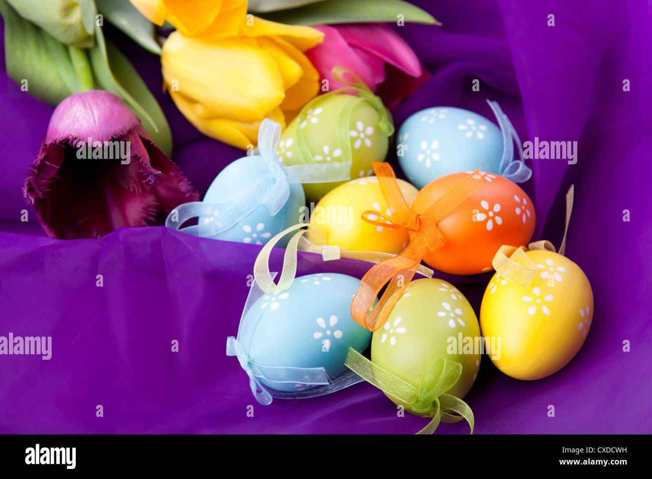 color easter eggs with tulips Stock Photo - Alamy