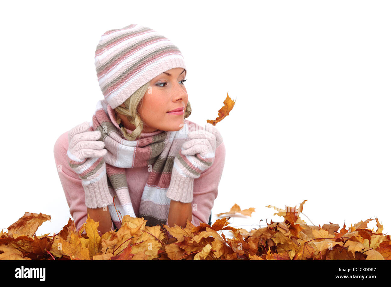 studio portrait of autumn woman in yellow leaves Stock Photo - Alamy
