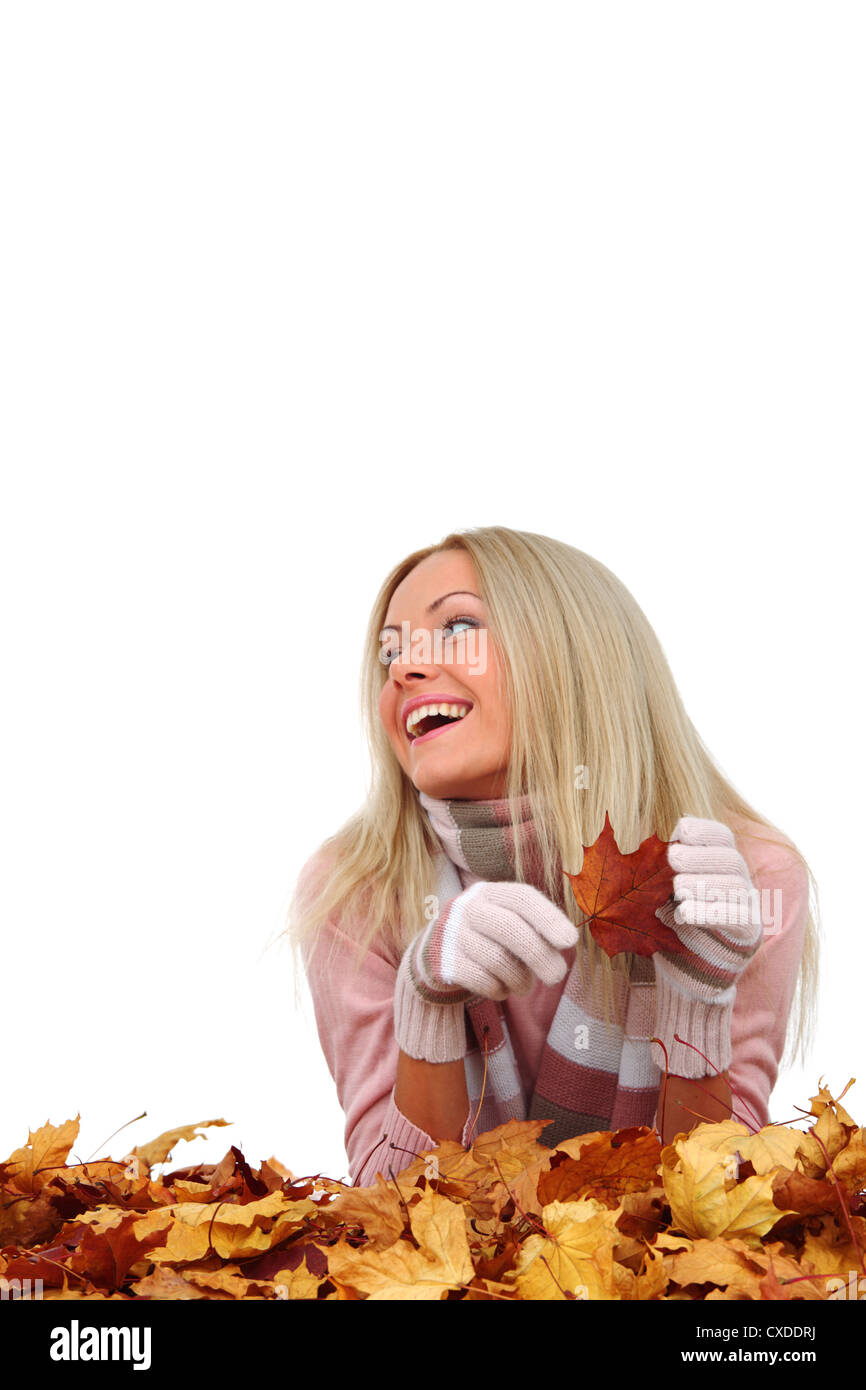 studio portrait of autumn woman in yellow leaves Stock Photo - Alamy
