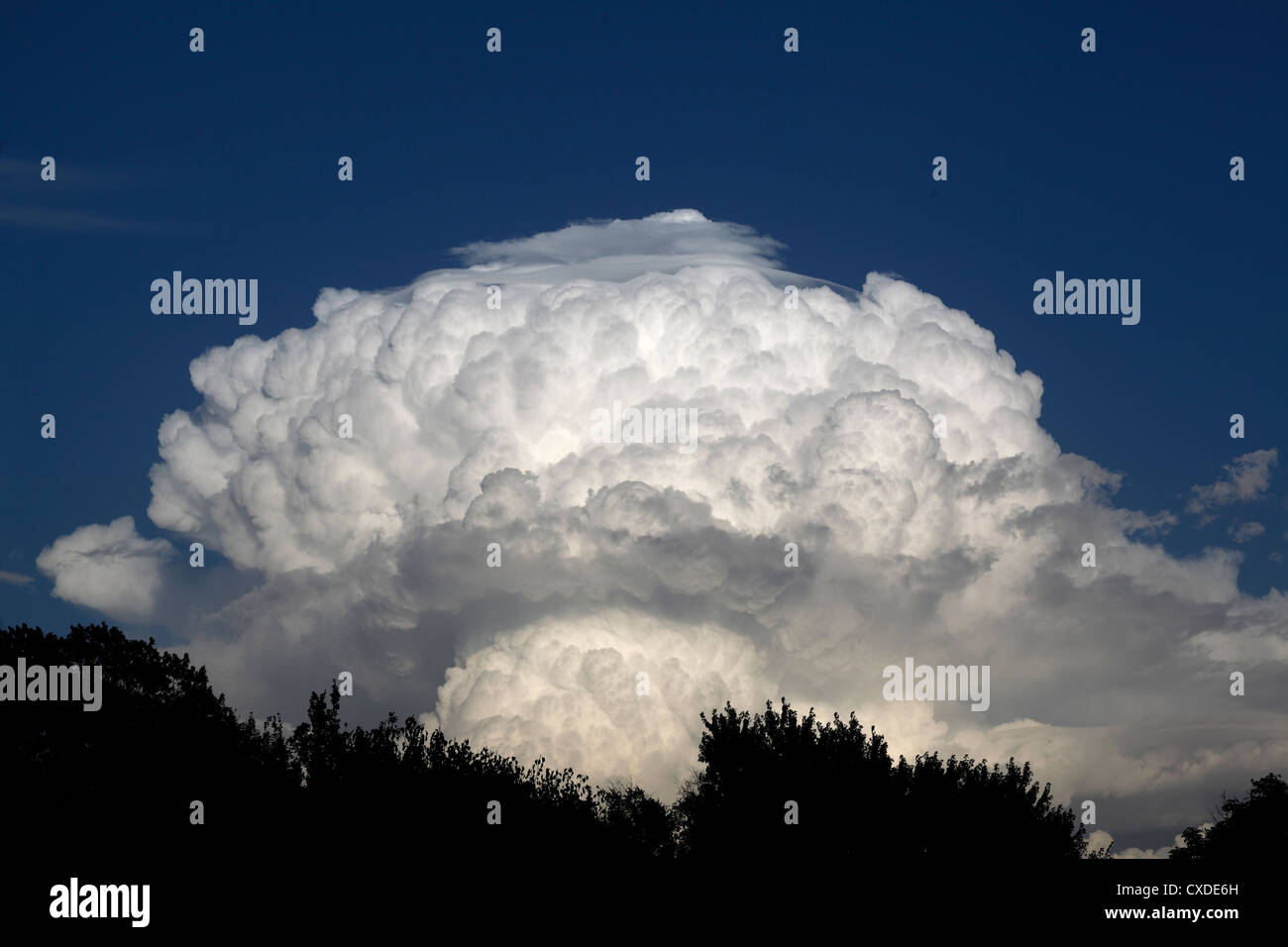 Mushroom thunderstorm cloud with distinct pileus layering on top. Stock Photo