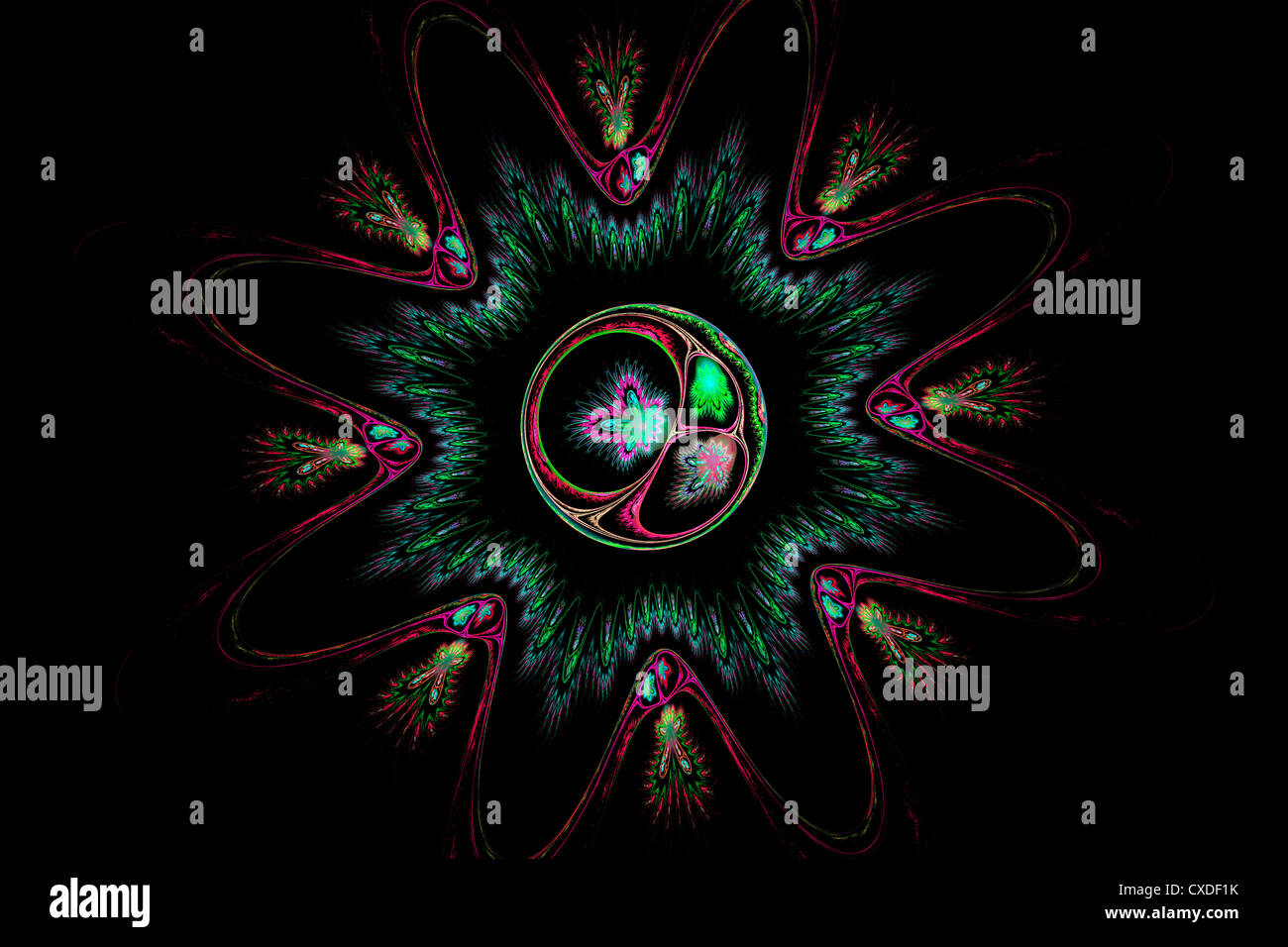 Abstract flower fractal flame on black background. Stock Photo