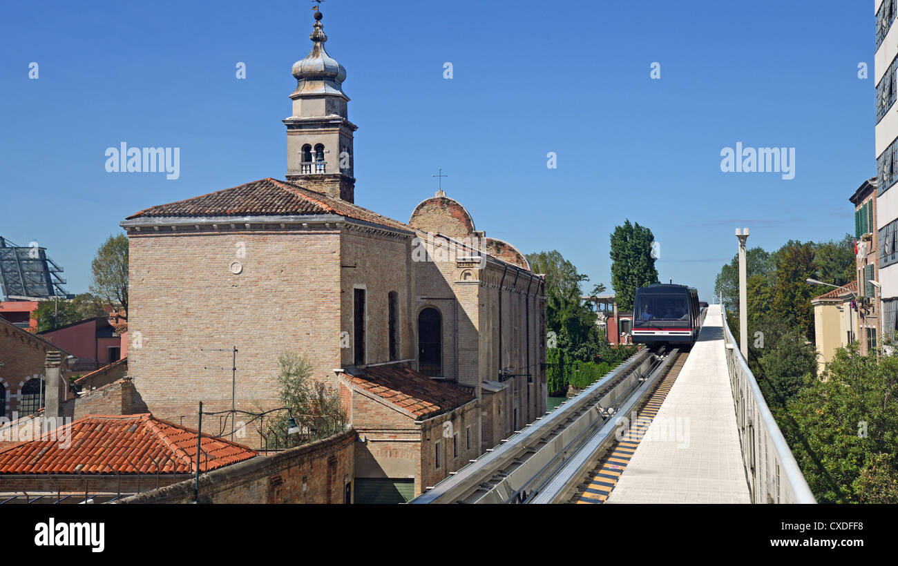 'People Mover' cable tram system to Marittima cruise terminal, Piazzale Roma, Venice, Venice Province, Veneto Region, Italy Stock Photo