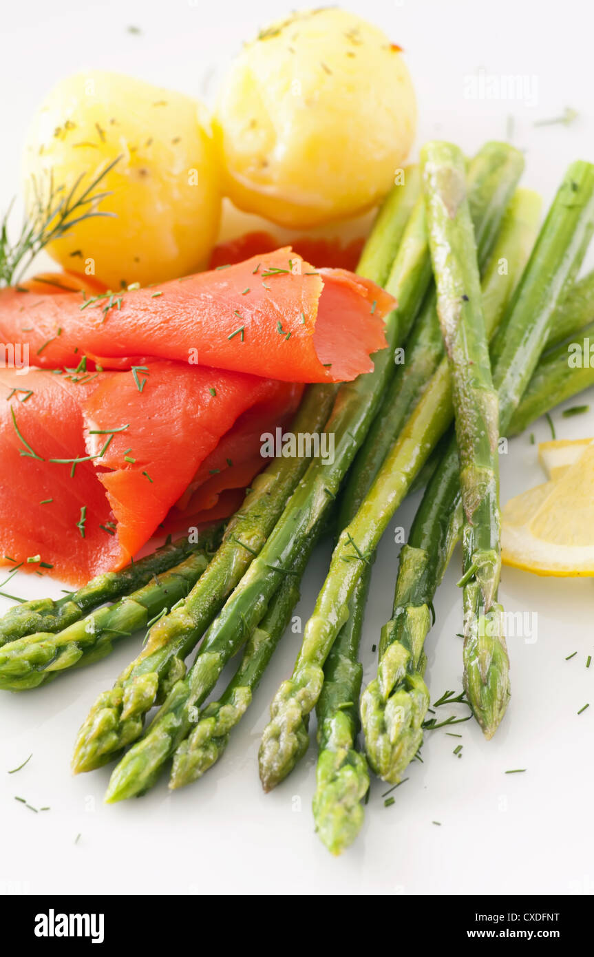 green asparagus with salmon and potato Stock Photo