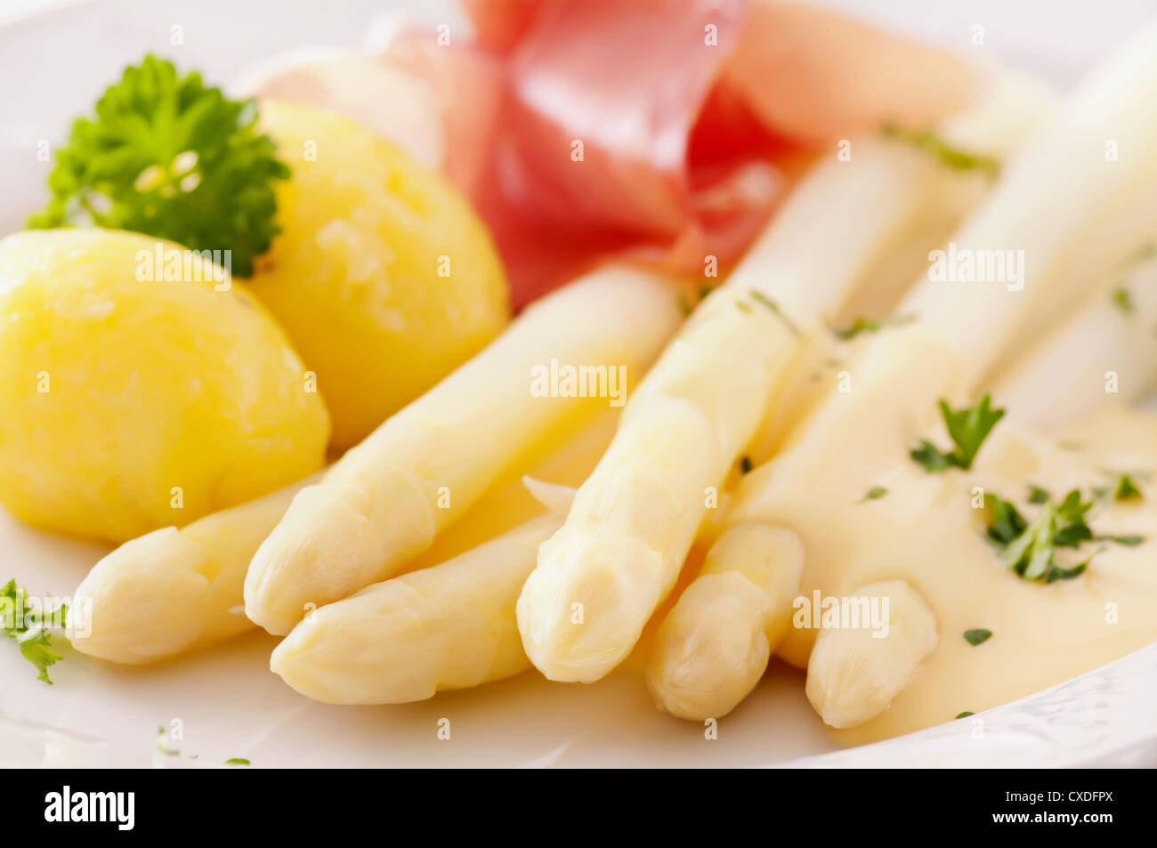 asparagus with potato and sauce Stock Photo