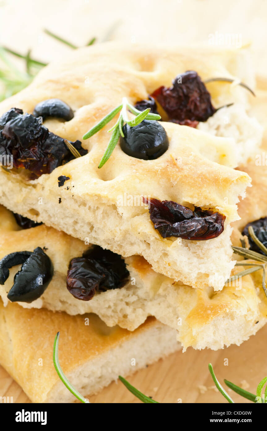 Focaccia with black olives Stock Photo