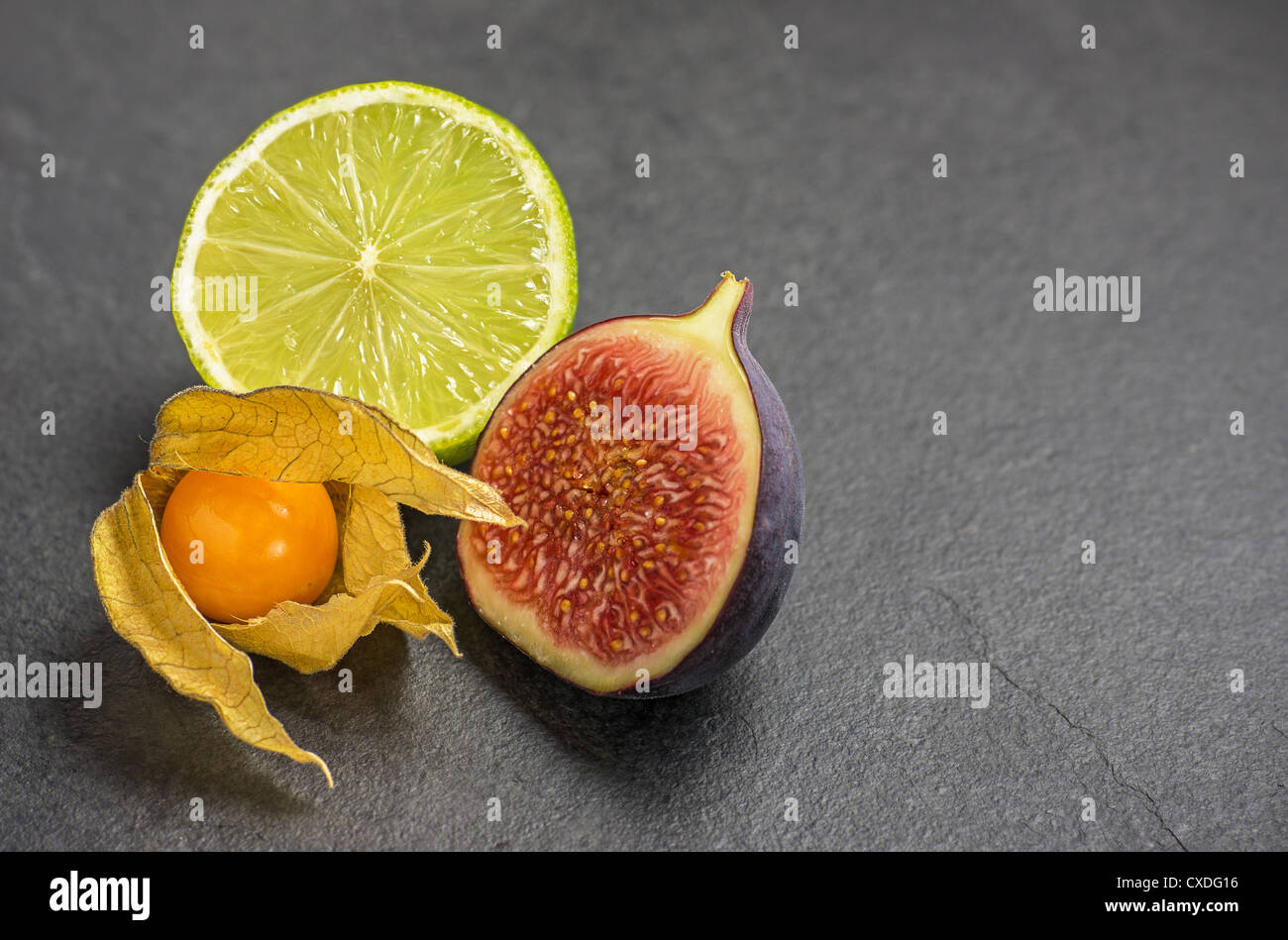 exotic fruits on slate plate Stock Photo