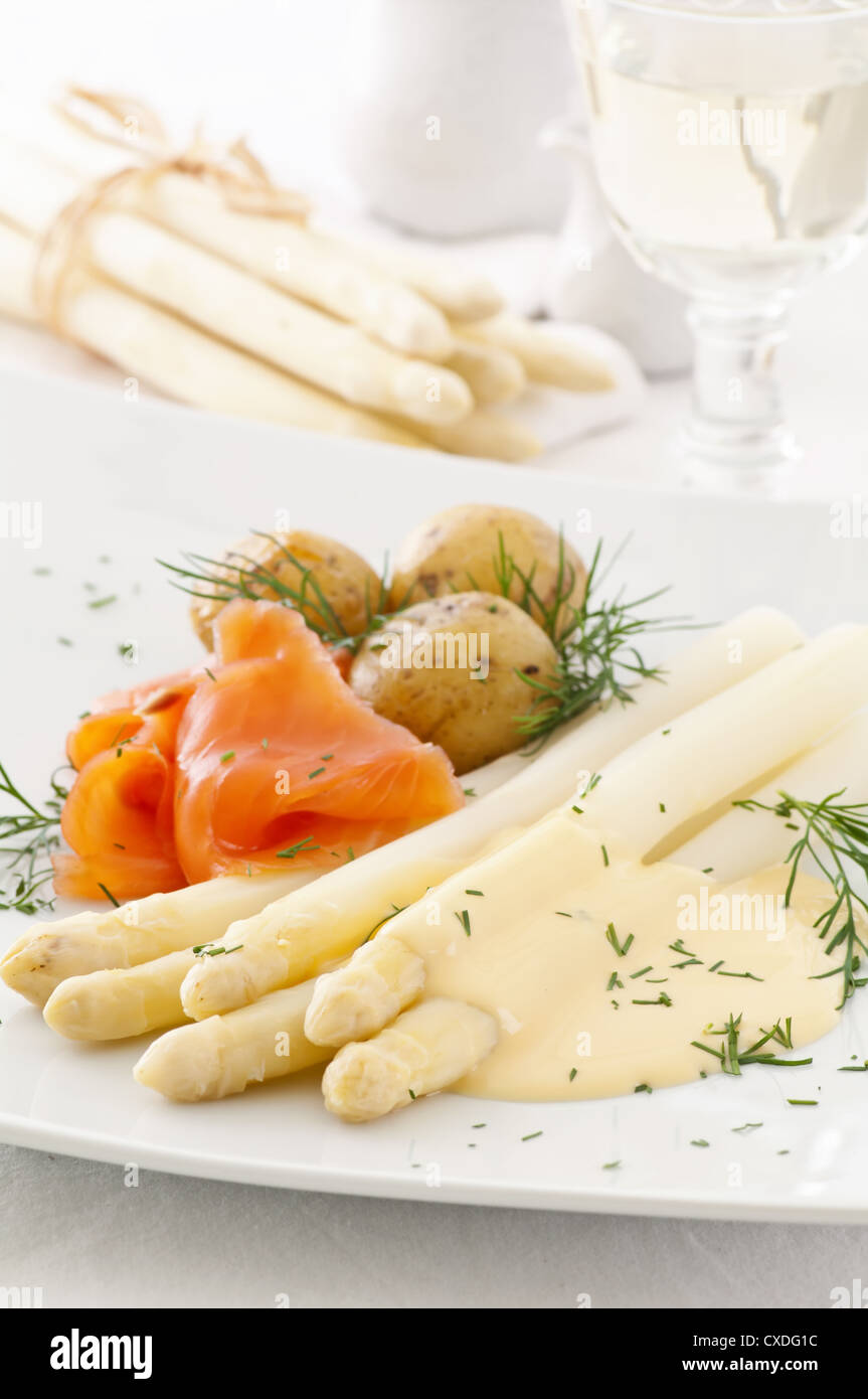 asparagus with potato and salmon Stock Photo