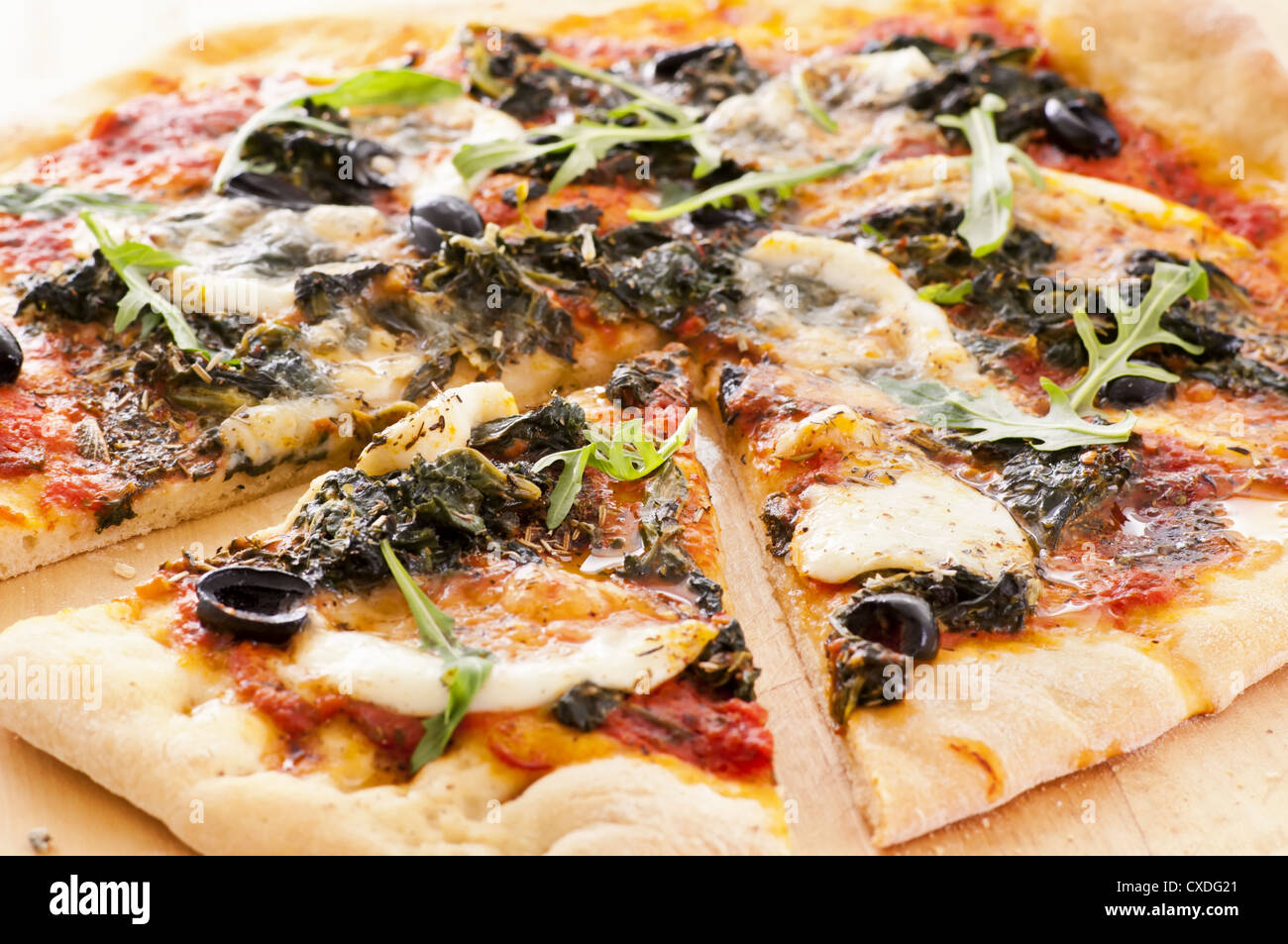 pizza with mozzarella and spinach Stock Photo