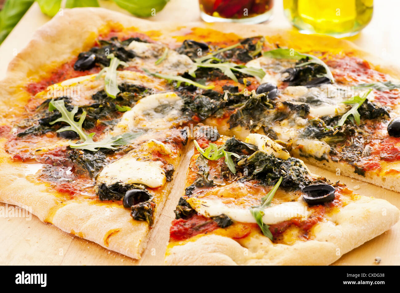 PIzza with spinach and mozzarella Stock Photo
