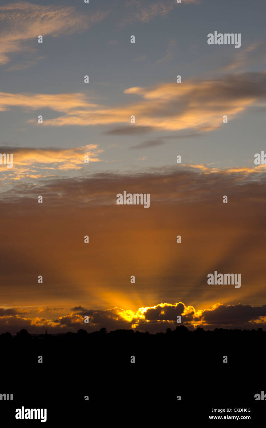 Beautiful golden sunset with defined shafts of light at Radstock, near