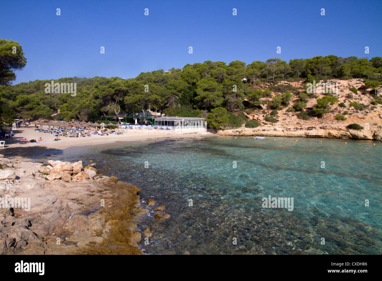 Portals Vells beach, restaurant, South West Mallorca coastline Spain Stock Photo