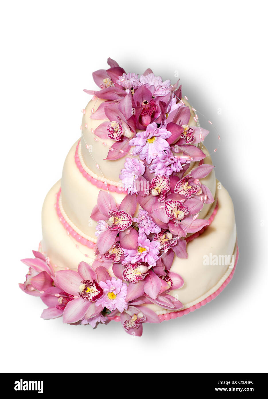Traditional wedding cake with orchid flowers Stock Photo