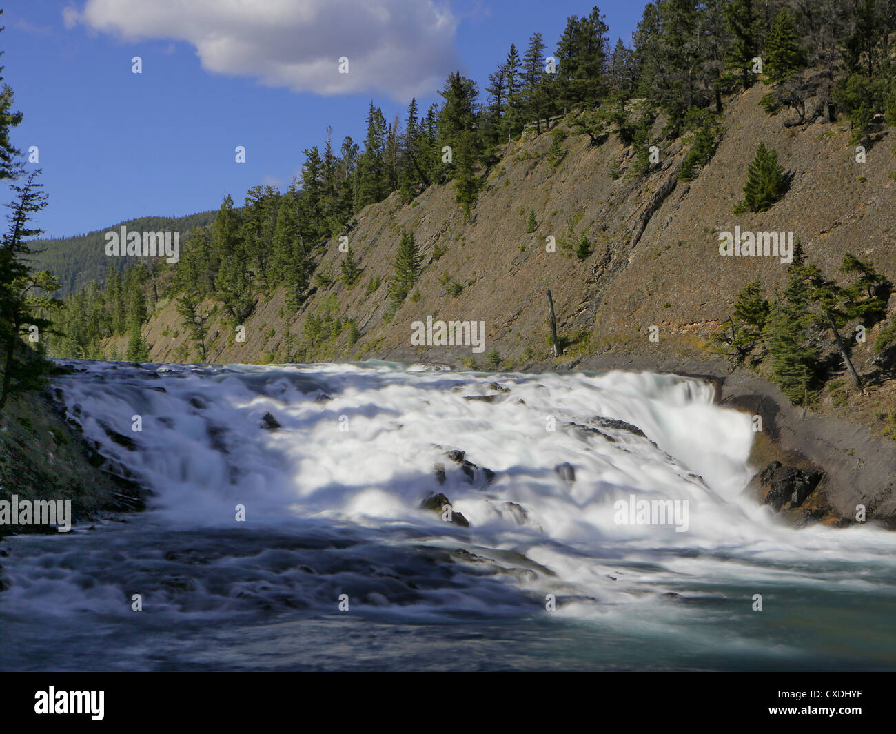 Bow River Falls in Banff close to the Fairmont Banff Hotel Stock Photo ...