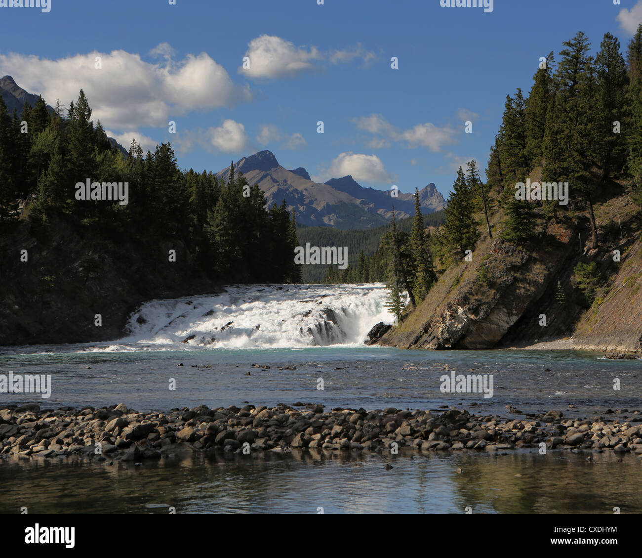 Bow River Falls in Banff close to the Fairmont Banff Hotel Stock Photo ...