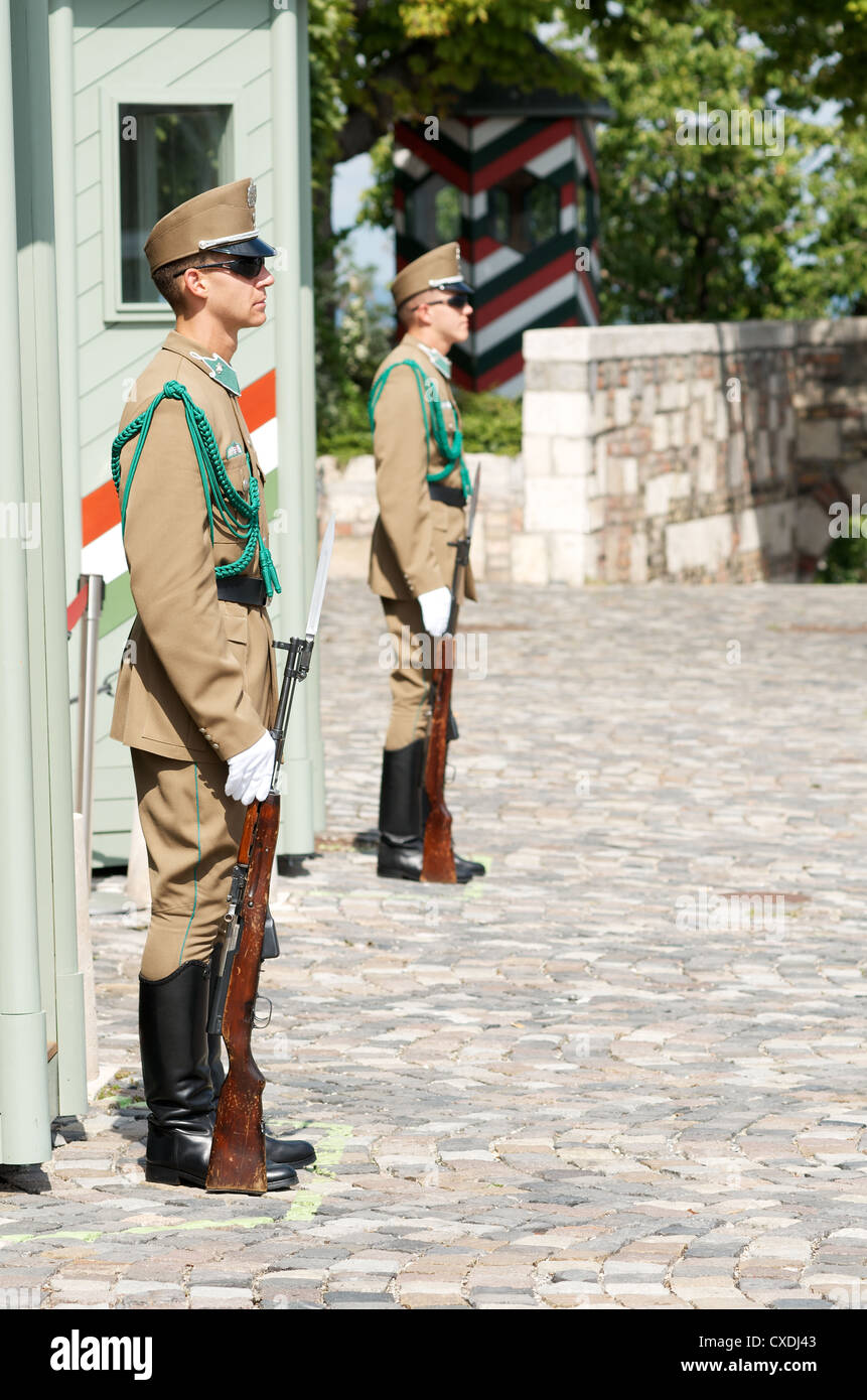 Hungarian soldiers standing guard at Sandor Palace in Budapest, Hungary Stock Photo