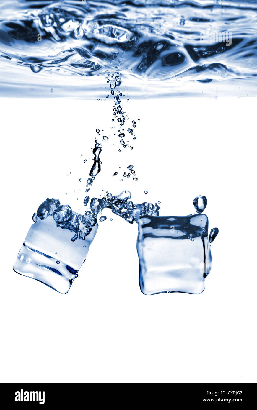 ice cubes dropped into water with bubbles isolated on white Stock Photo ...
