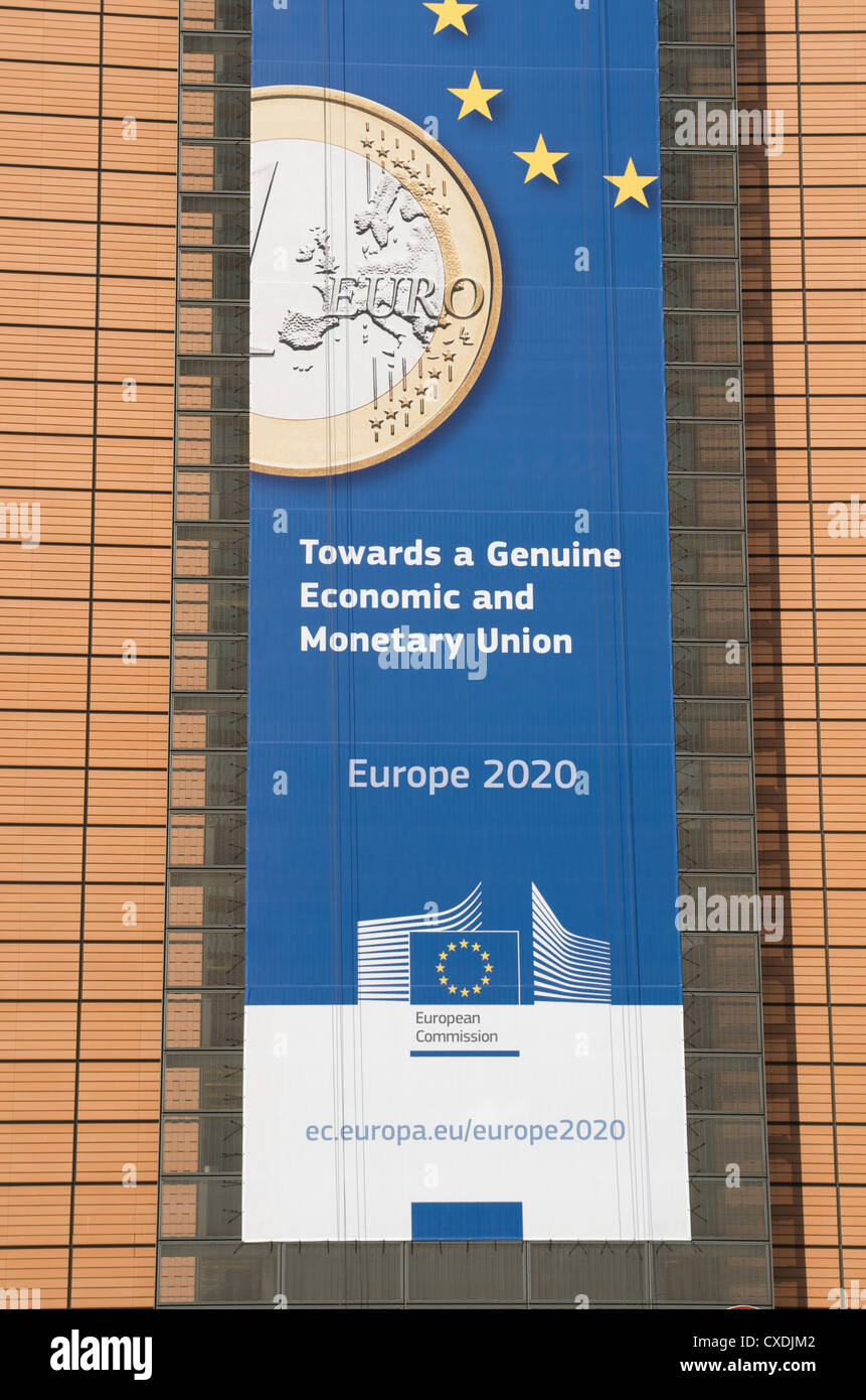 Banner hanging on the Berlaymont building in Brussels, Belgium. This building is the headquarters of the European Commission. Stock Photo